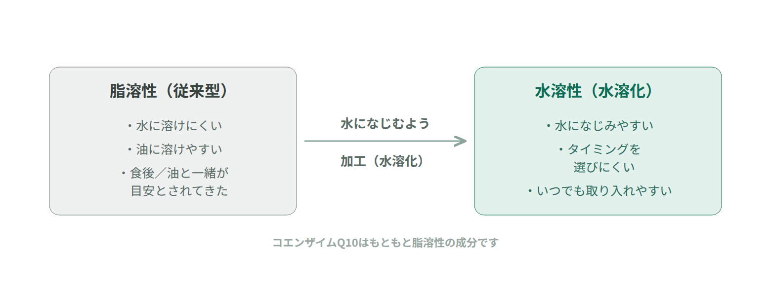脂溶性のコエンザイムQ10と、水になじむよう加工した水溶性タイプの違いを示す図解